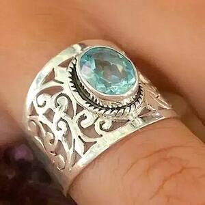 Sterling Silver Blue Topaz Ring Wedding Engagement Ring Wide Band Hallow Out